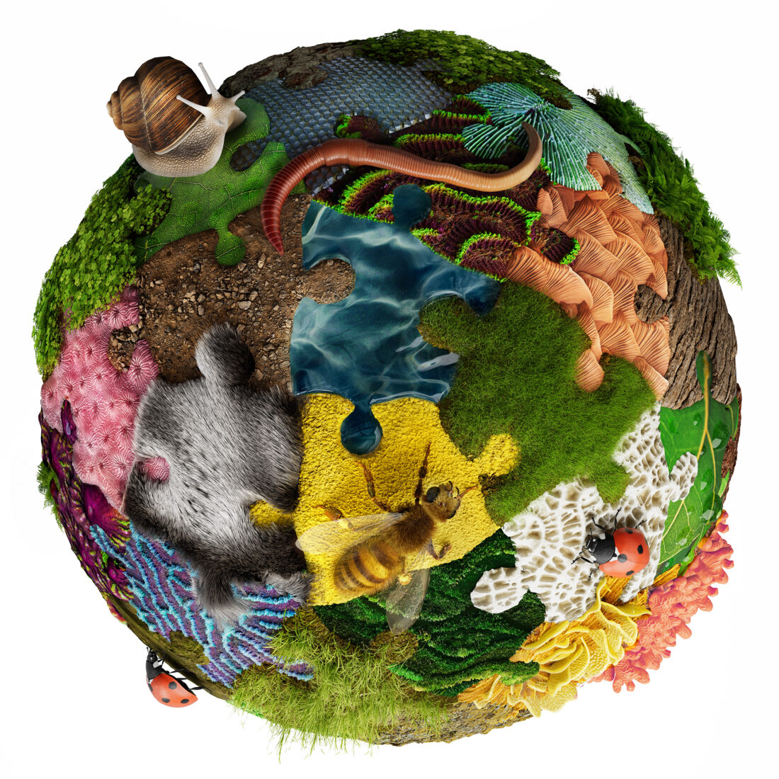 An illustration of a sphere with different insects on it. The sphere has textured nature-themed puzzle pieces.