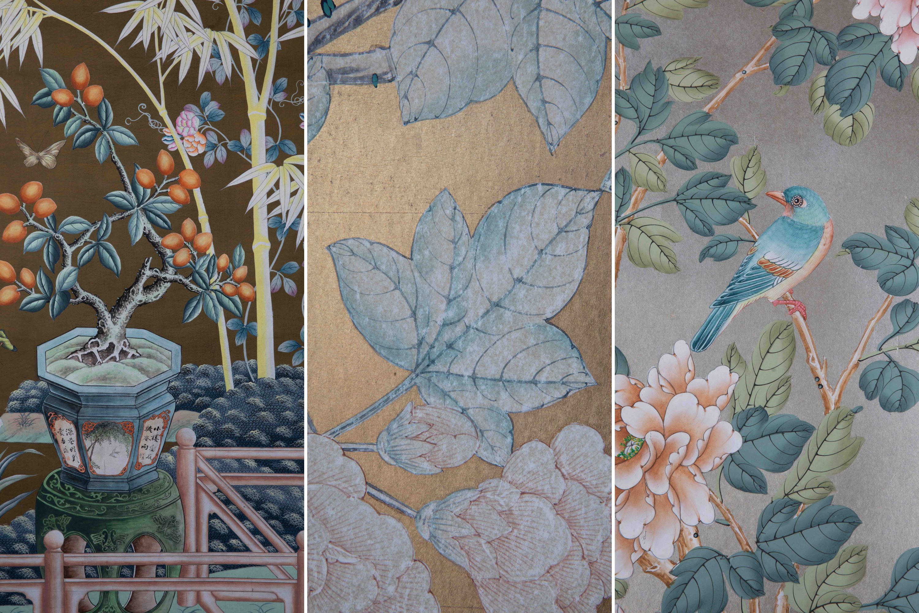 A collage of three different painted floral wallpapers