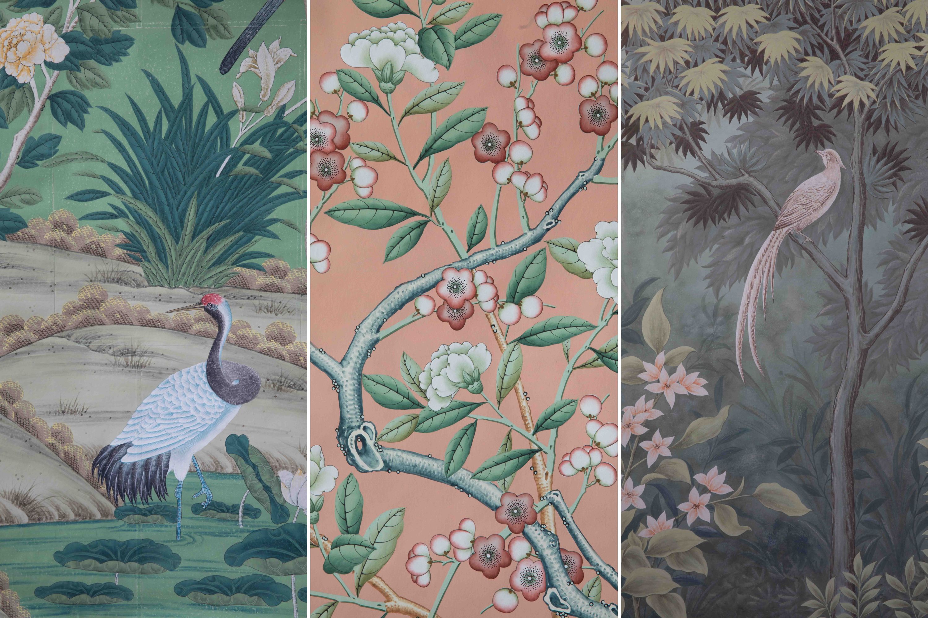 A collage of three different painted floral wallpapers