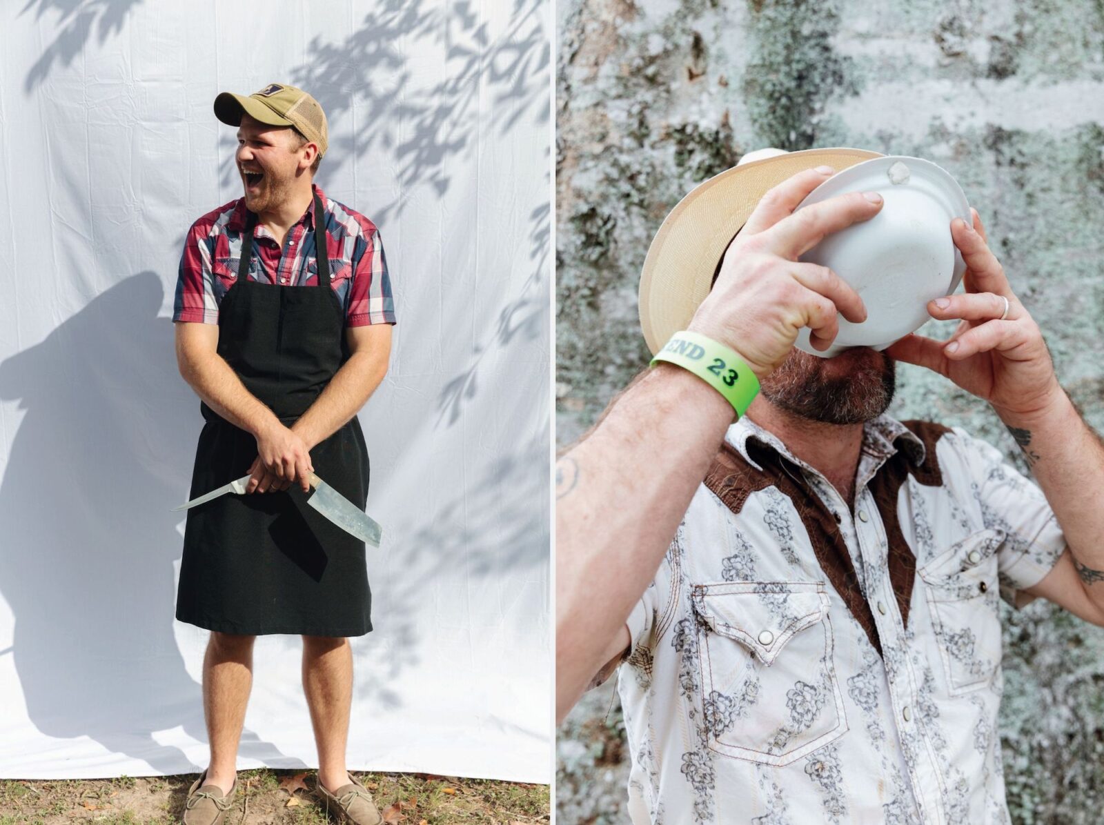 A collage of two men; one stands with knives, another has a sample bowl of gravy