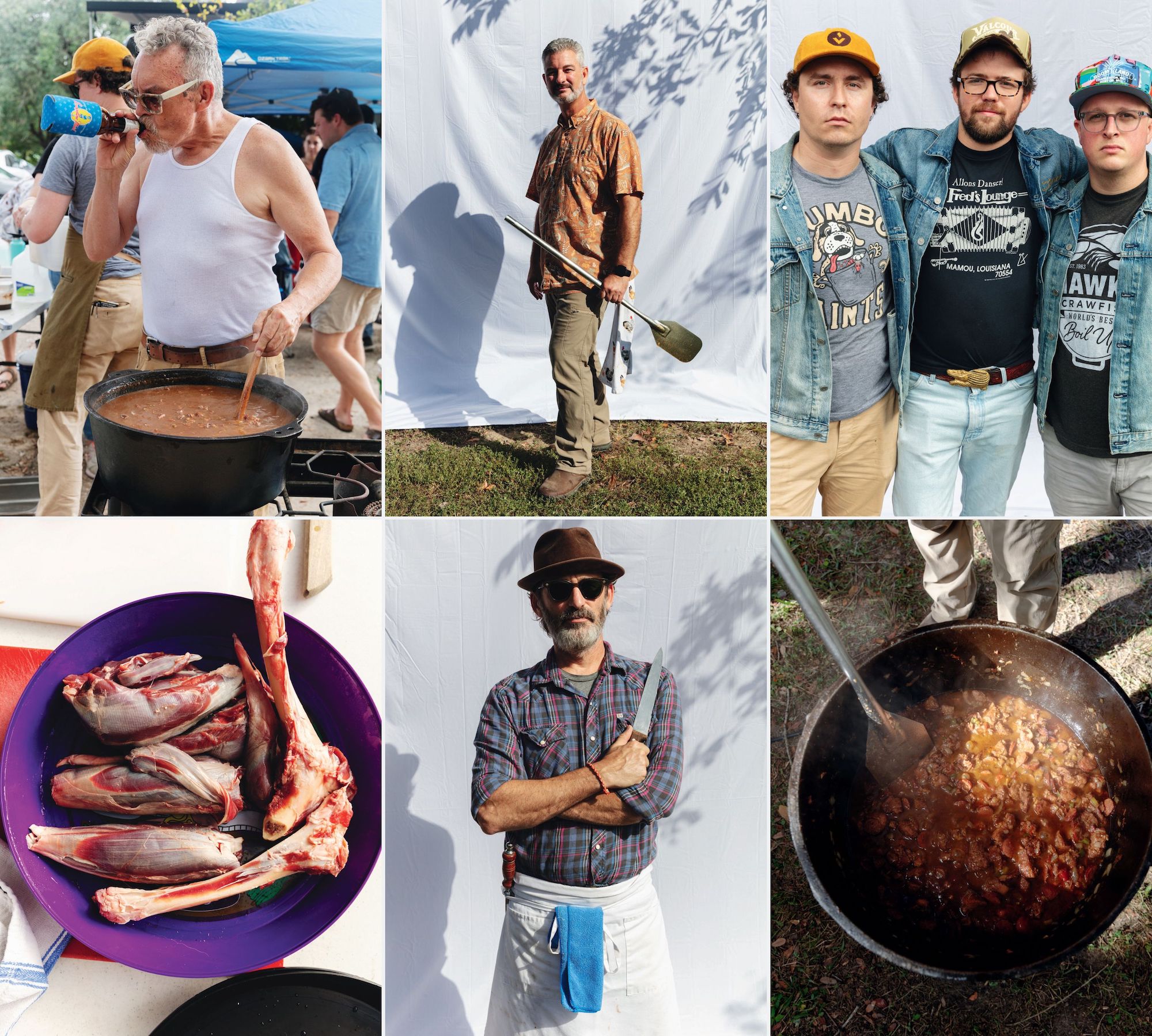 Competitors, cast iron, and Cajun cooking over a collage of six photos