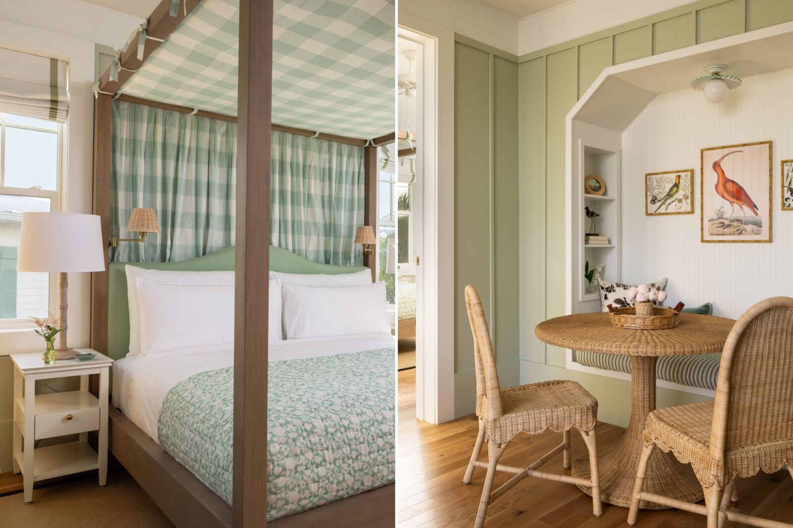 A green bedroom with a plaid canopy and a green tub