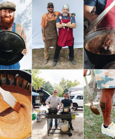 A collage of portraits of people and scenes of cooking cajun gravy at a festival