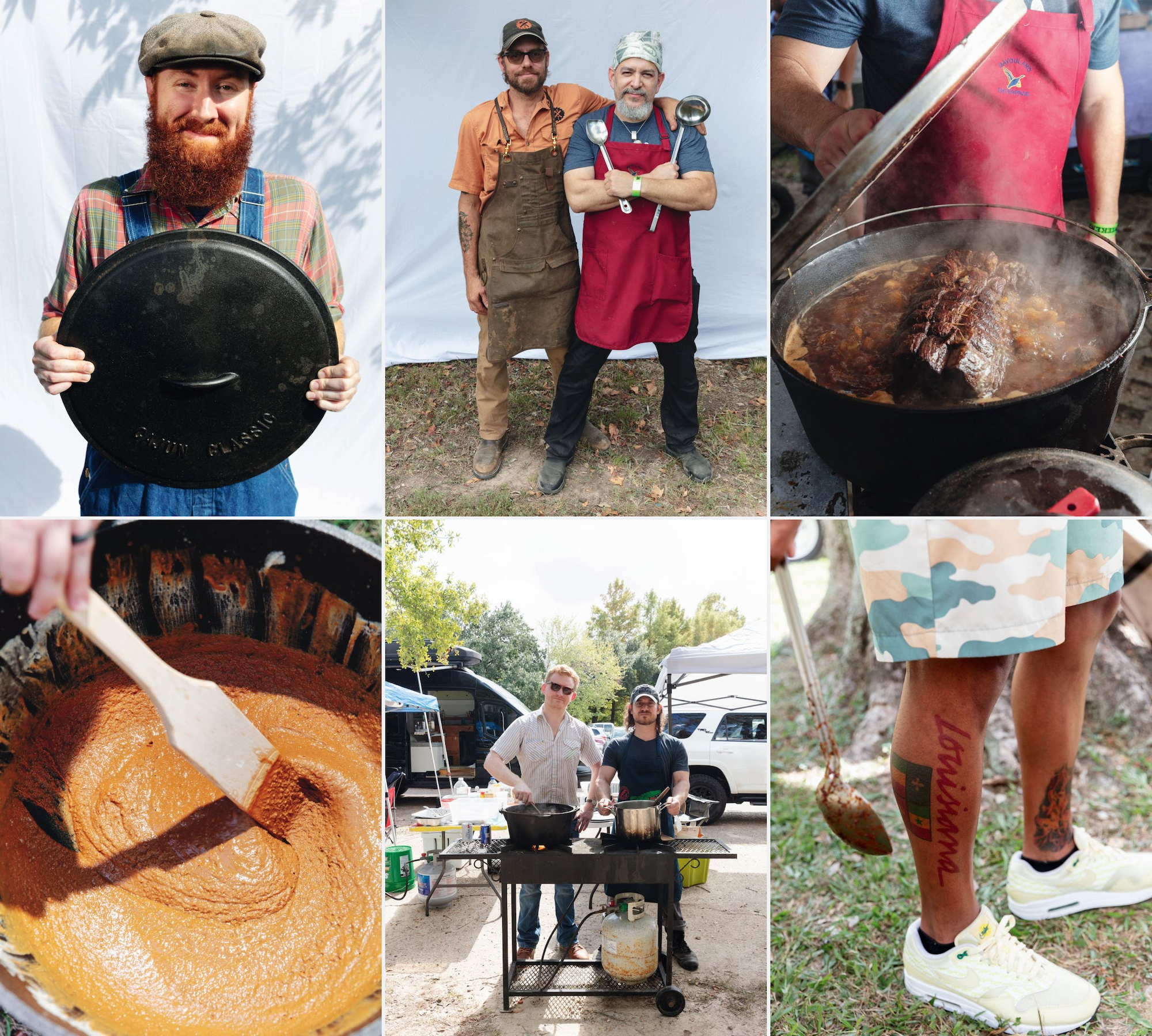 A collage of portraits of people and scenes of cooking cajun gravy at a festival