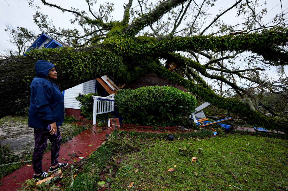 A woman outside her home, which was crushed by a fallen tree