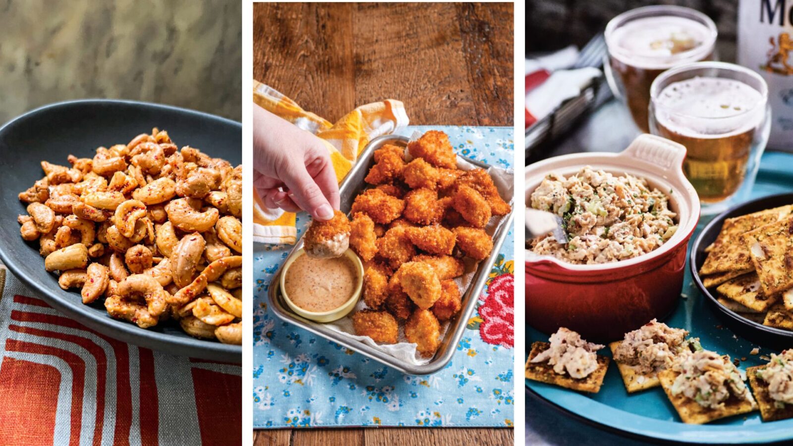 Three dishes from left to right: Tequila-Spiked Nuts, Pickle Chicken Bites and Alabama firecrackers with Fried Chicken Salad