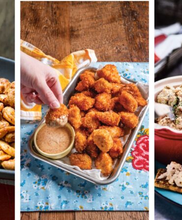 Three dishes from left to right: Tequila-Spiked Nuts, Pickle Chicken Bites and Alabama firecrackers with Fried Chicken Salad