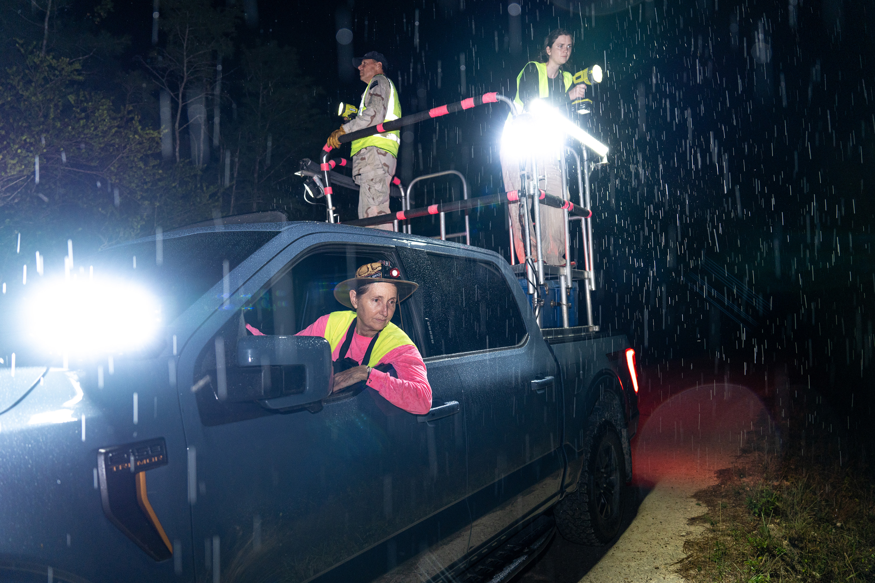 One driver and two people in the bed of a pickup truck scan the landscape foe pythons