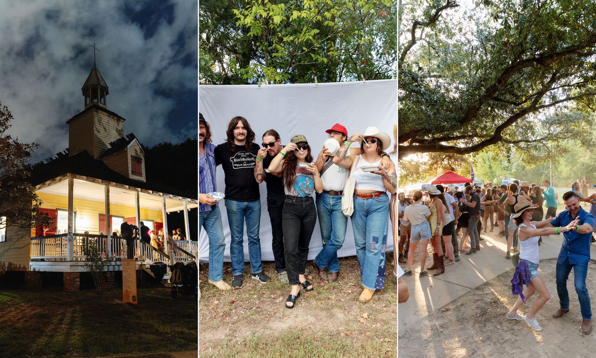 A collage of three images: people mingling at night on a porch, a group of friends sample food, and people dancing under a tree.