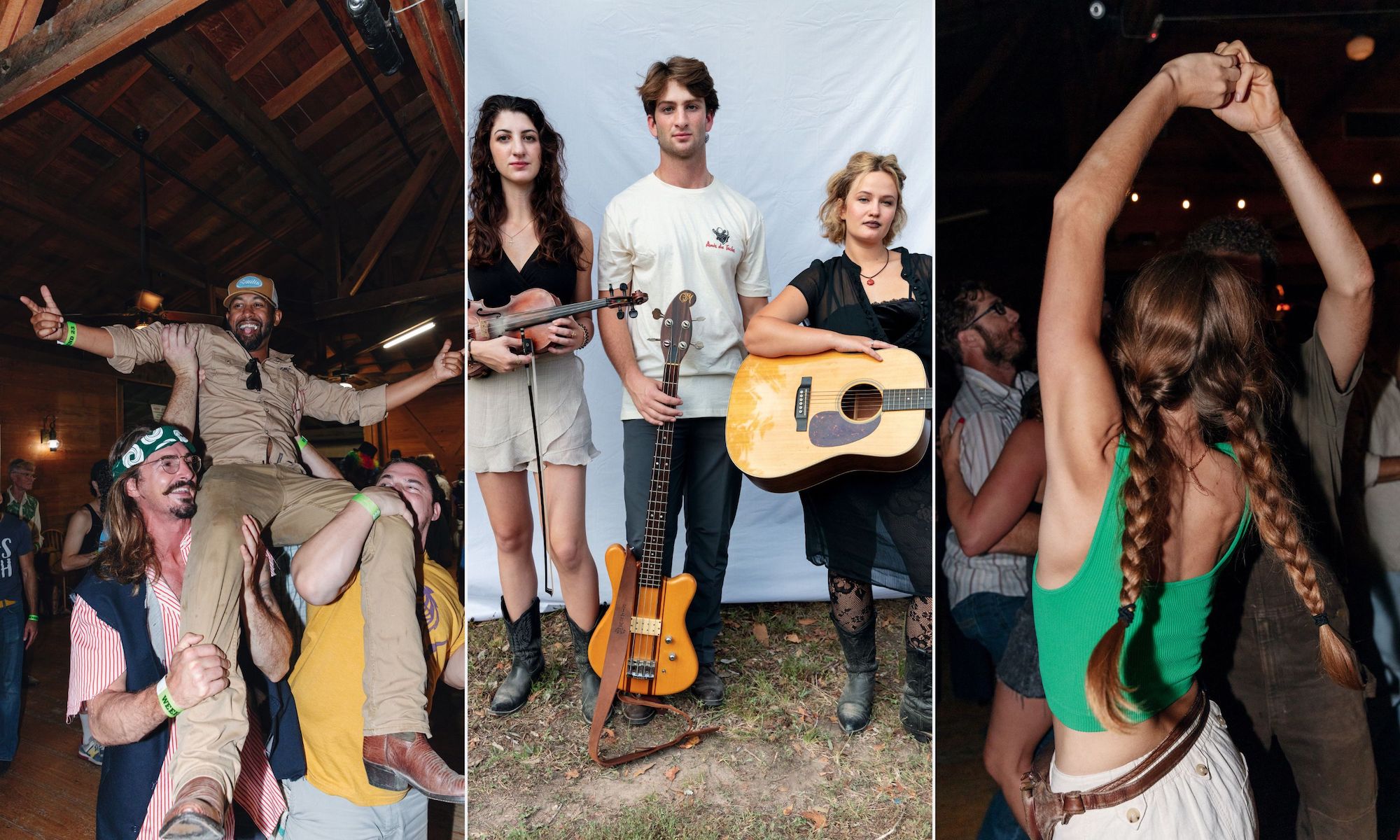 A collage of three images: a man lifted into the air at a party, a trio band, and a woman dancing