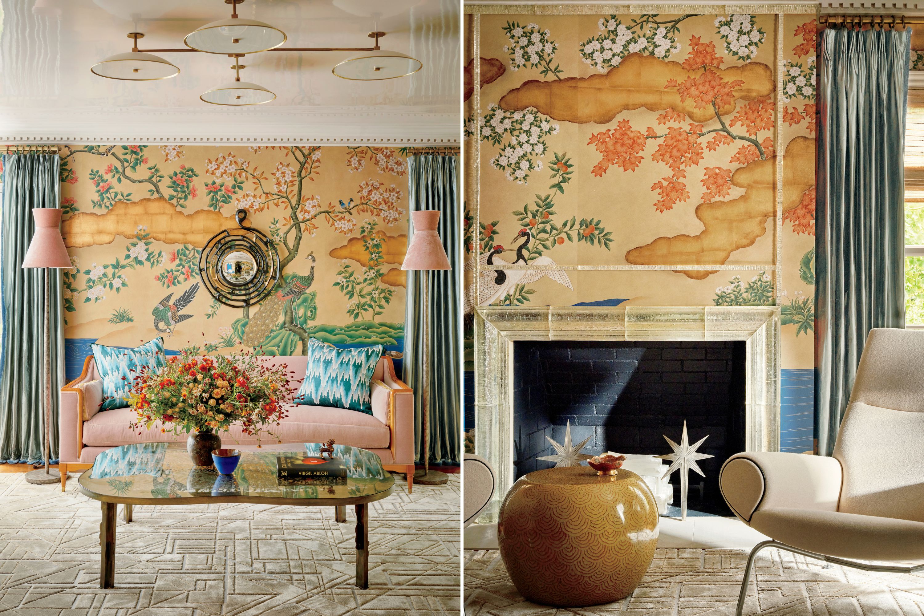 A collage of two images showing a yellow and orange wallpapered room with flora and birds