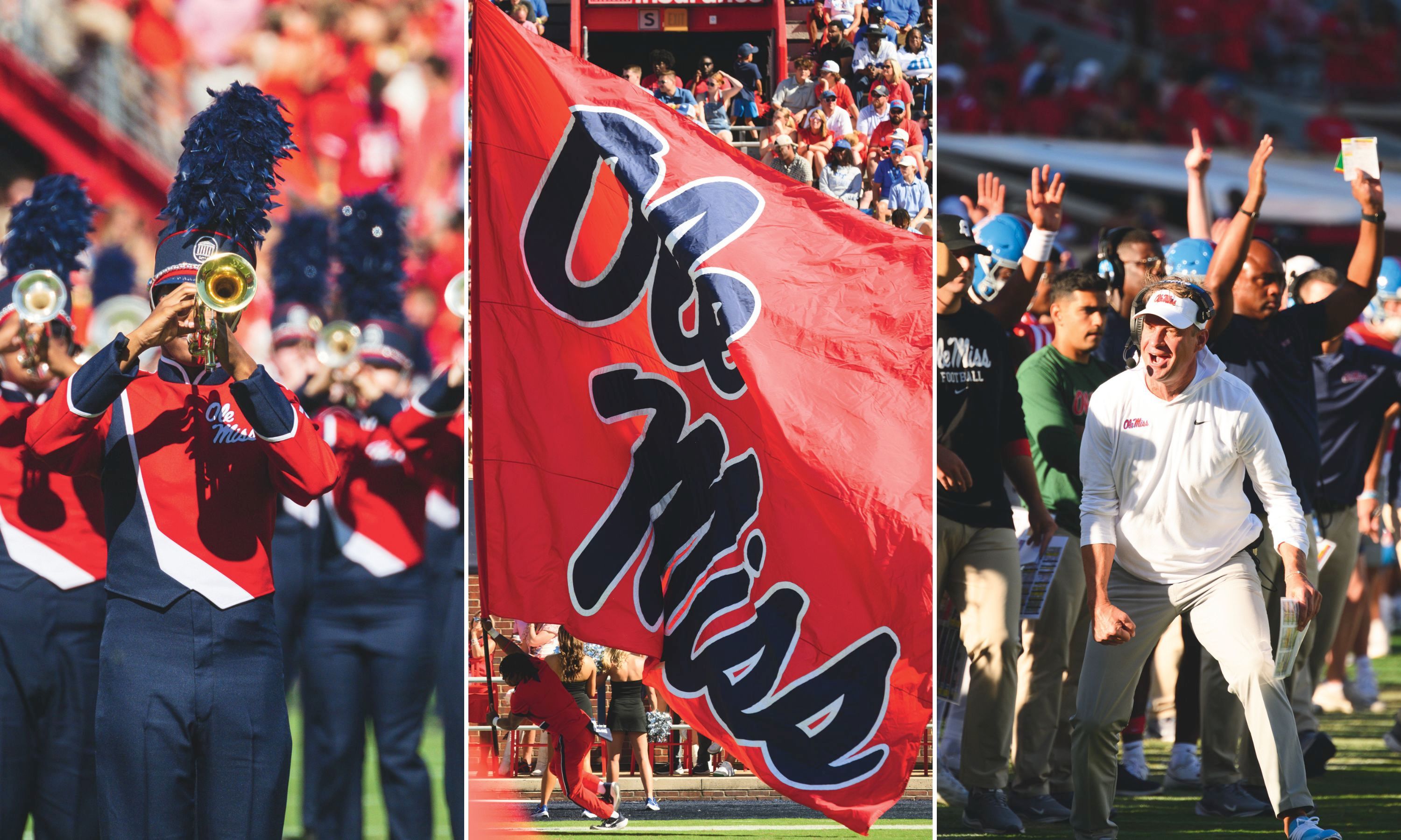 A band plays on the field; an Ole Miss flag; a coach cheers on the field