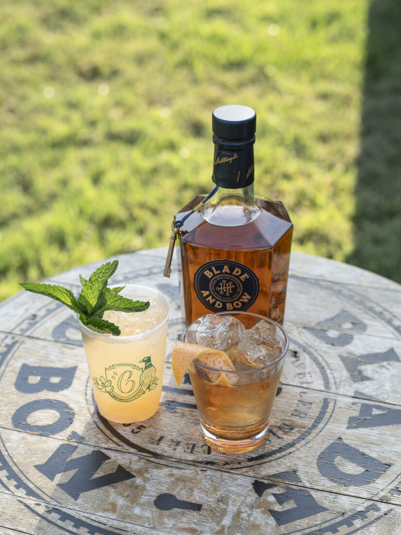 Flowers’ cocktails (from left): A & B Conversation, comprised of Blade and Bow, apple brandy, apricot liqueur, orange liqueur, cinnamon syrup, lemon, and aromatic bitters; and the Ocean’s Edge, made with Blade and Bow, Pedro Ximenez sherry, Giffard Banane de Brasil, and El Guapo Polynesian Kiss bitters.