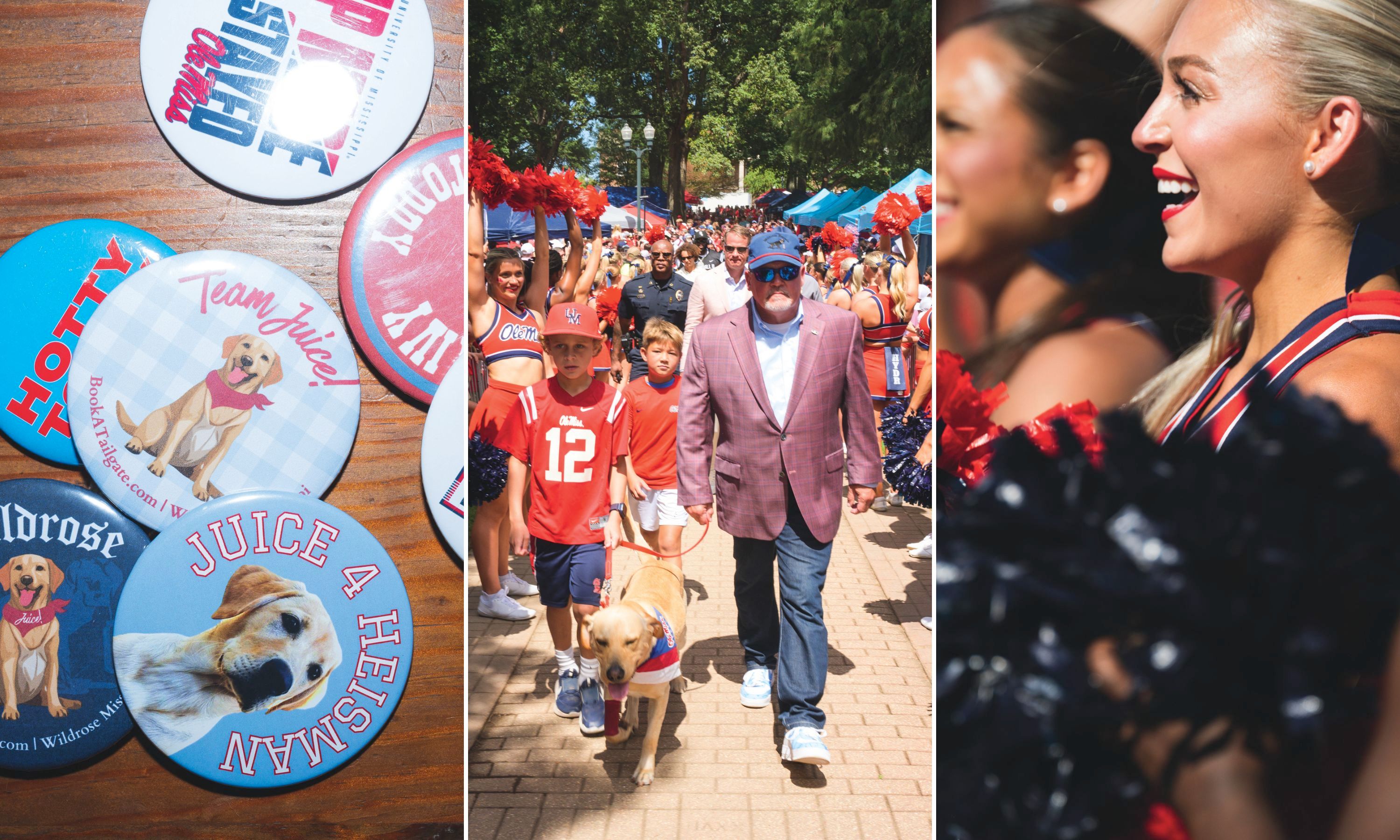 Buttons with dogs; two people walk a dog down a cheering tunnel of people; a detail of a cheerleader