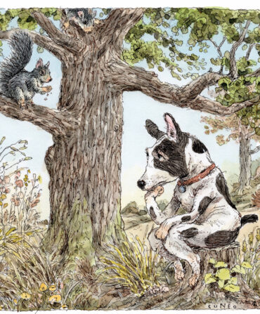 An illustration of a dog sitting under a tree looking at a squirrel