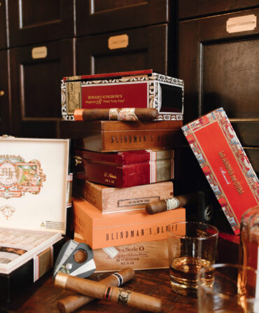 Cigar boxes stacked in a shop