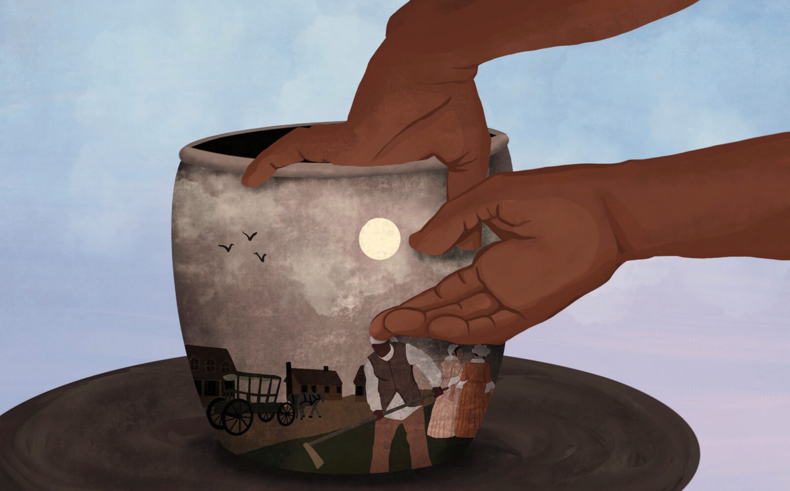 An illustration of hands throwing a pot on a wheel