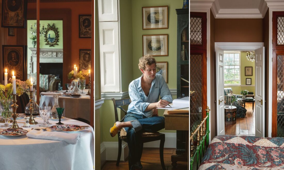 Antique Chinese porcelain decorates tables; Remy Renzullo at his desk in ; a vintage quilt on Renzullo’s nineteenth-century brass and iron bed.