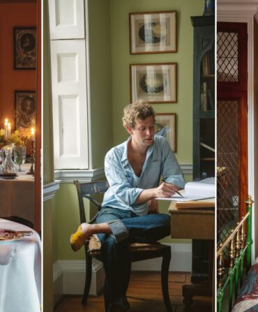 Antique Chinese porcelain decorates tables; Remy Renzullo at his desk in ; a vintage quilt on Renzullo’s nineteenth-century brass and iron bed.