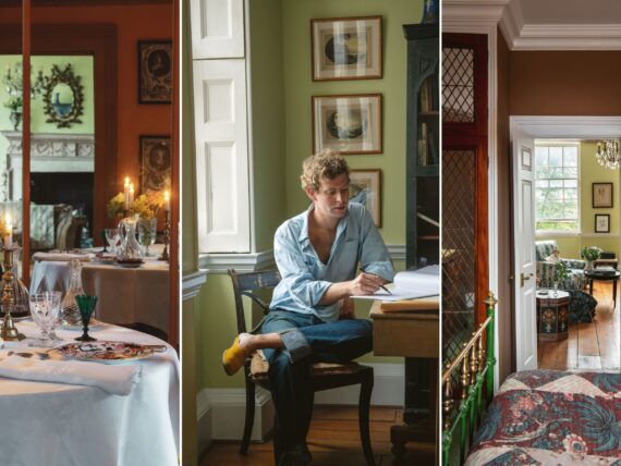 Antique Chinese porcelain decorates tables; Remy Renzullo at his desk in ; a vintage quilt on Renzullo’s nineteenth-century brass and iron bed.