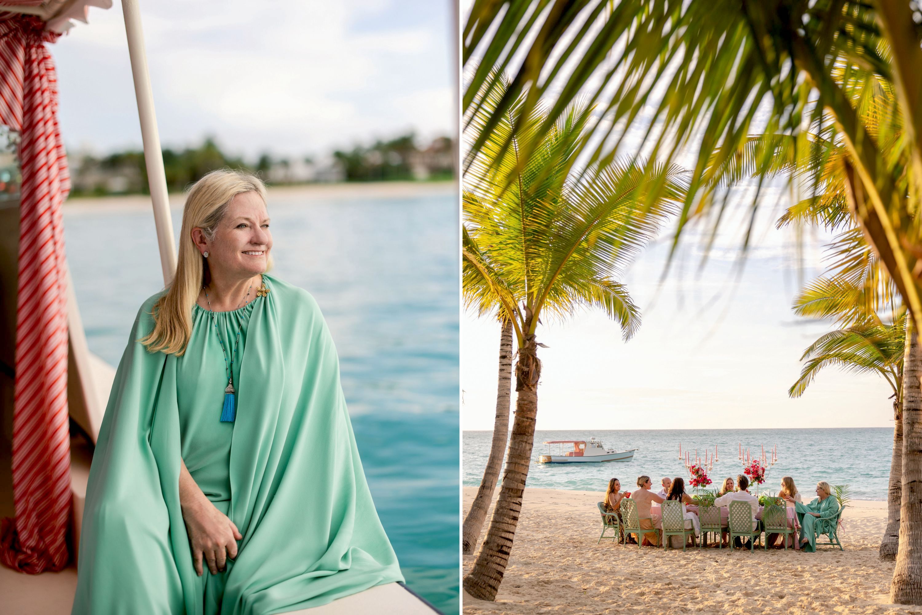 A woman in a green dress sits on a boat and looks out at the water; a pair of palm trees frame a dinner party on the beach