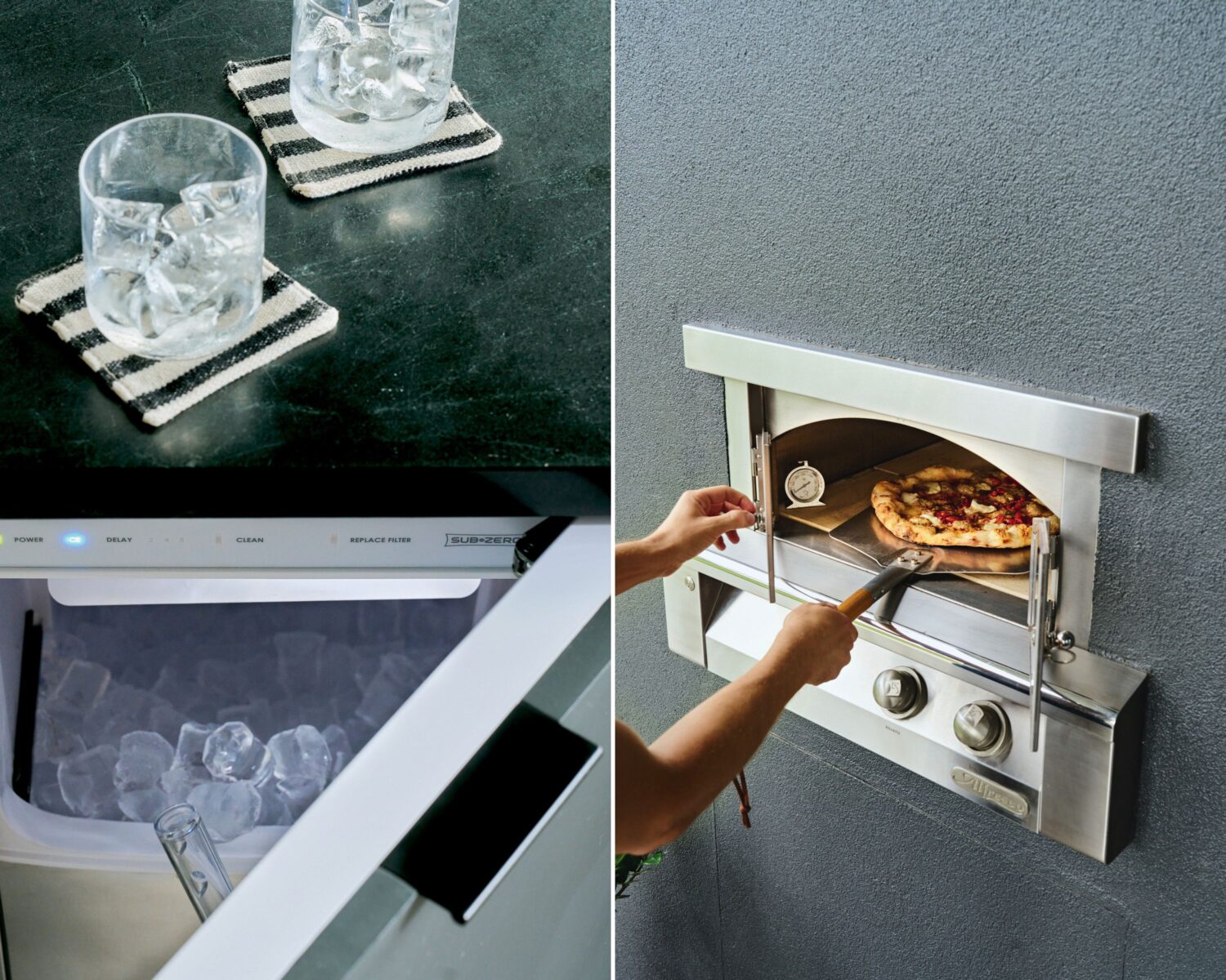 Cups with ice sit on a counter above an icebox; a person pulls a pizza out of a wall oven