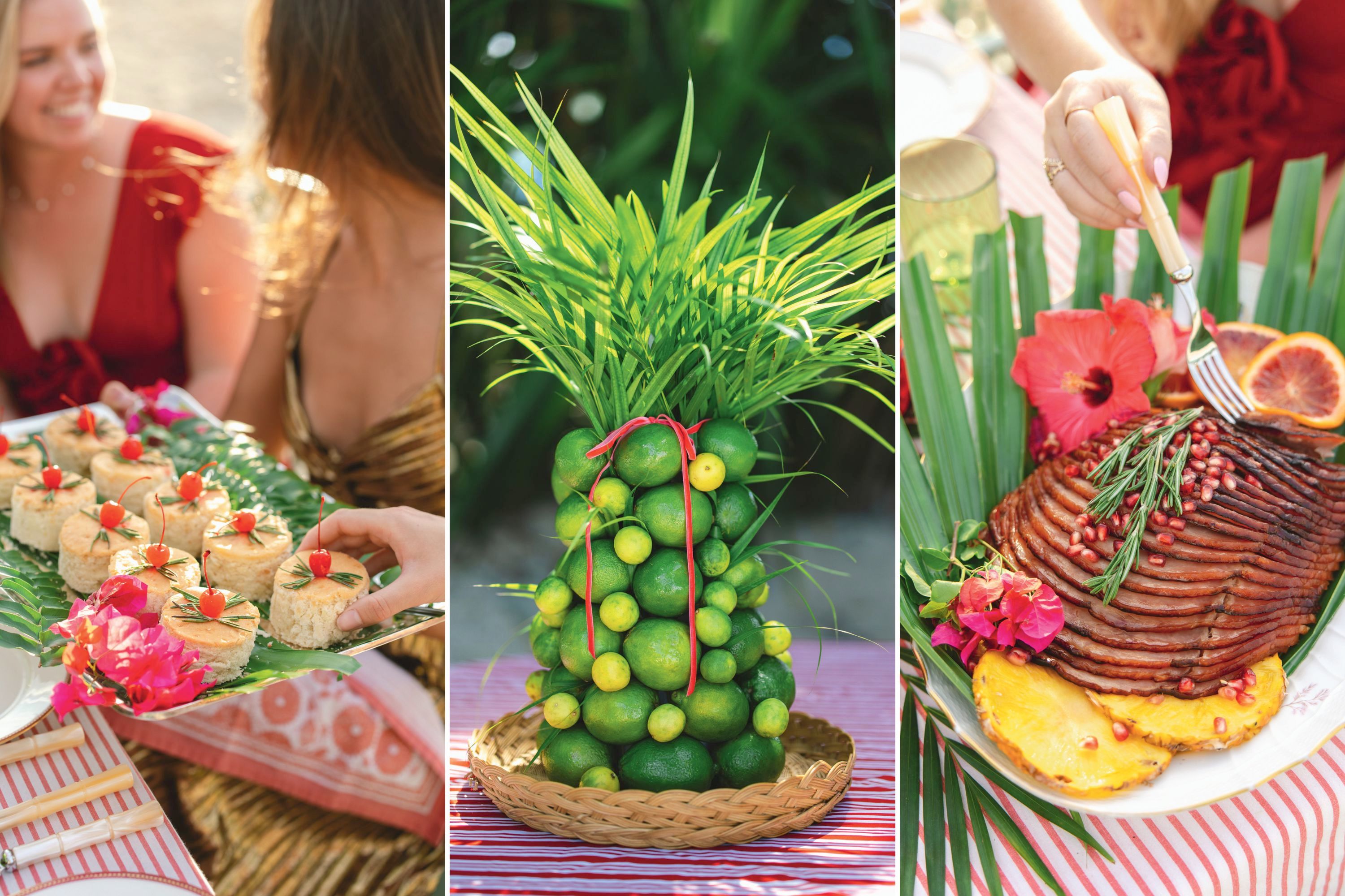 A spread of johnnycakes with cherries, a lime and palm tower, and a sliced ham