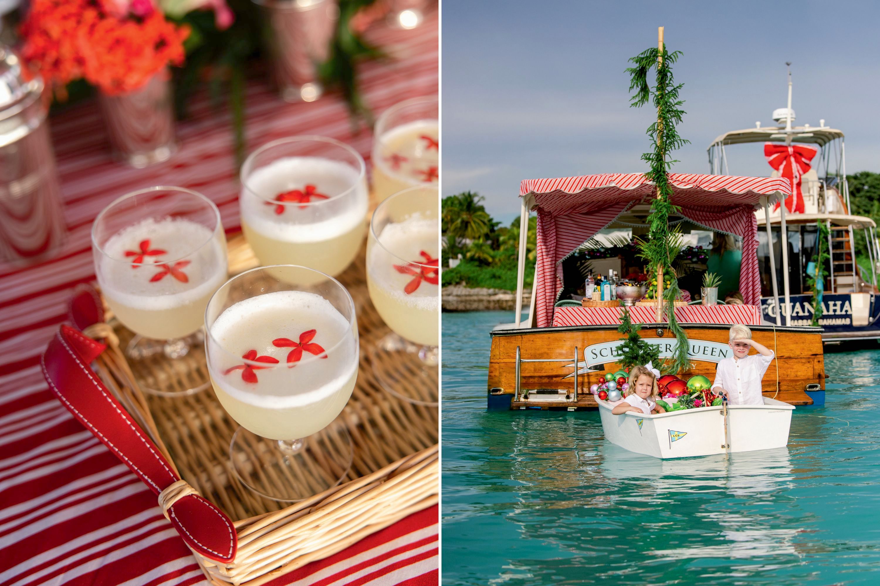 Cups of a rum cocktail; Two kids sit in a small white boat behind a larger wood boat with red striped fabric and a garland