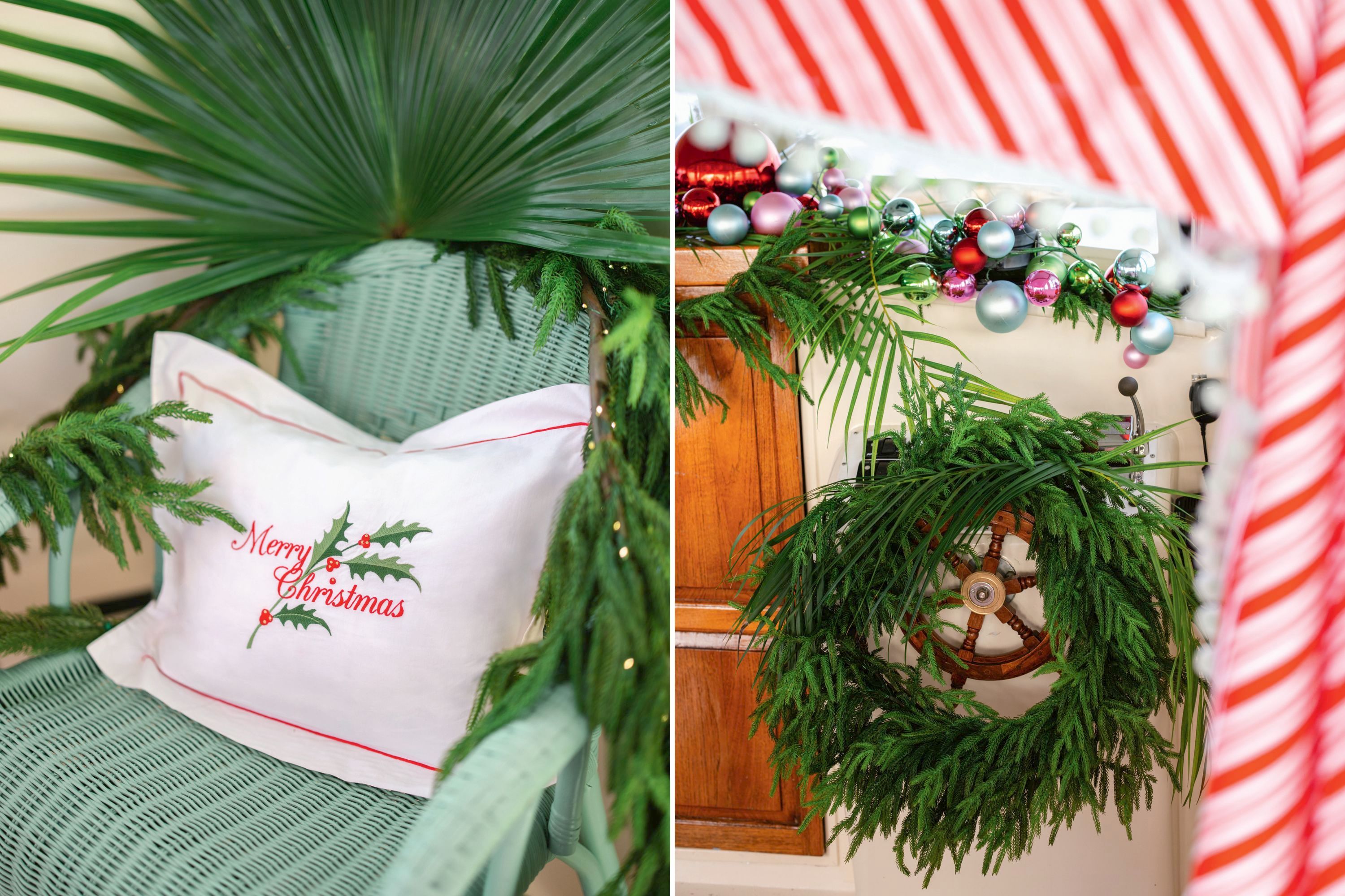 A wicker boat seat; wreaths and garland of Norfolk Island pine; a jolly dinghy laden with oversize ornaments.