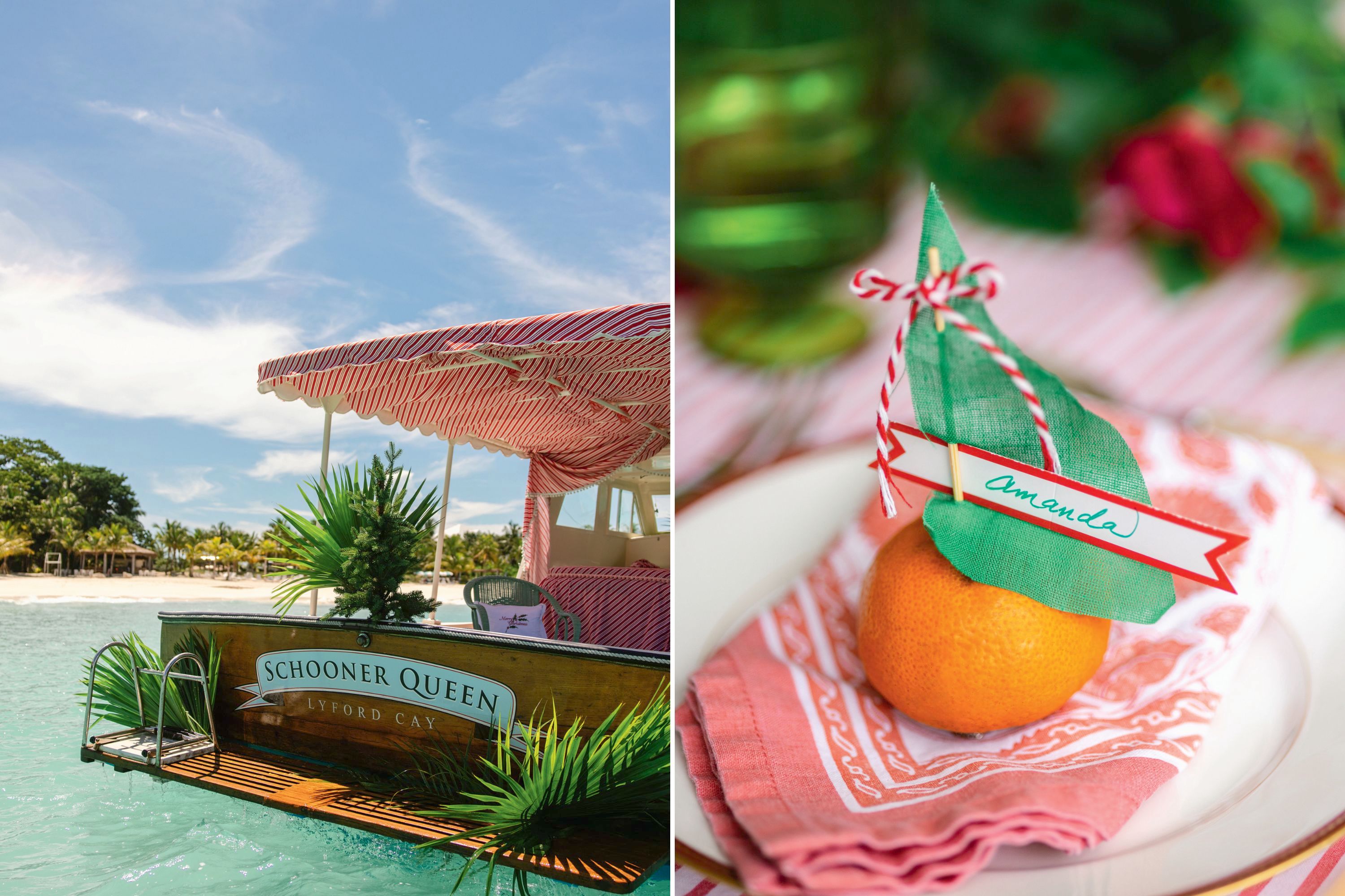 Palm and pine decorate a sailboat, a table setting with an orange, coral napkin, and namecard