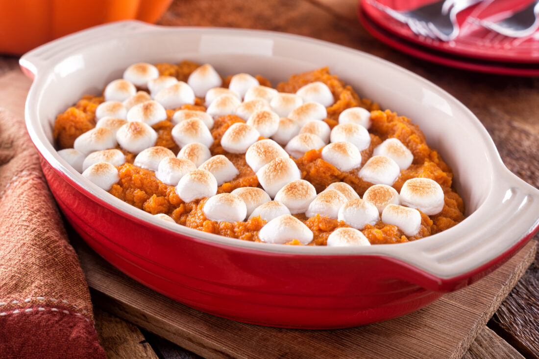 A sweet potato casserole with marshmallows on top.