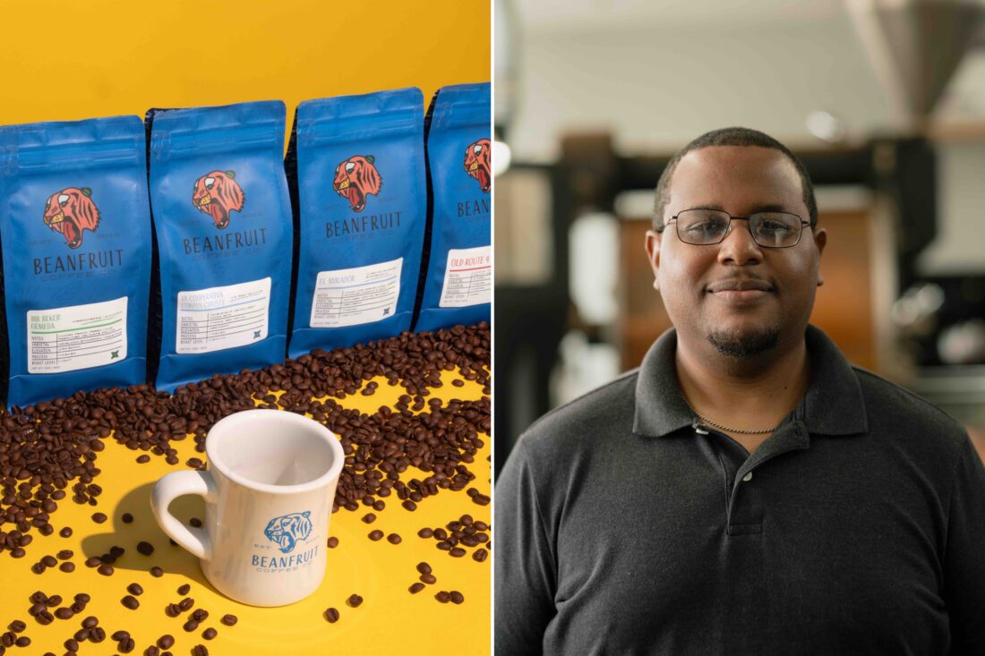 A collage of two images: bags of coffee beans with a mug and spilled beans; a portrait of a man in a black polo