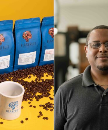 A collage of two images: bags of coffee beans with a mug and spilled beans; a portrait of a man in a black polo