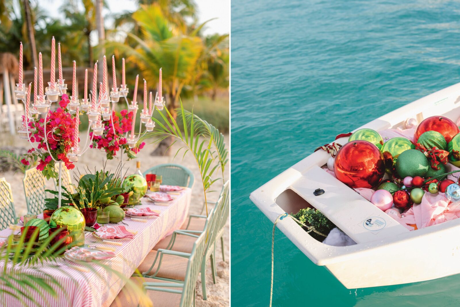A party table with striped cloths and candlesticks; ornaments on the bow of a boat