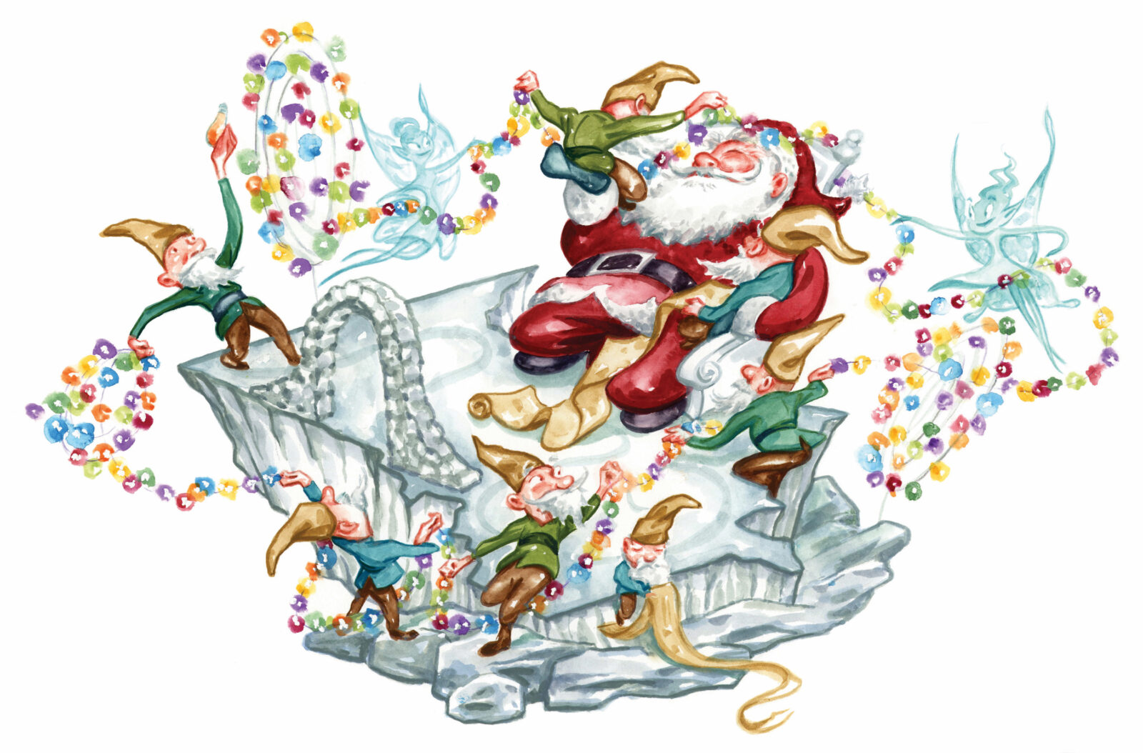 An illustration of gnomes and Santa