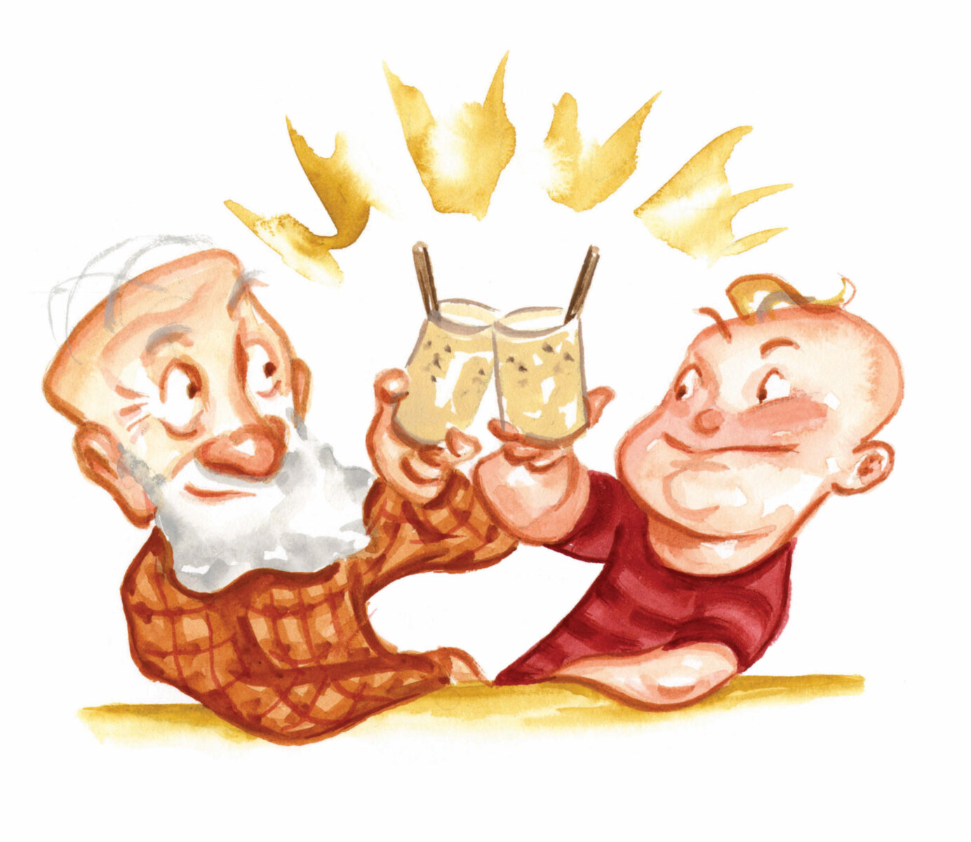An illustration of two people cheersing cups