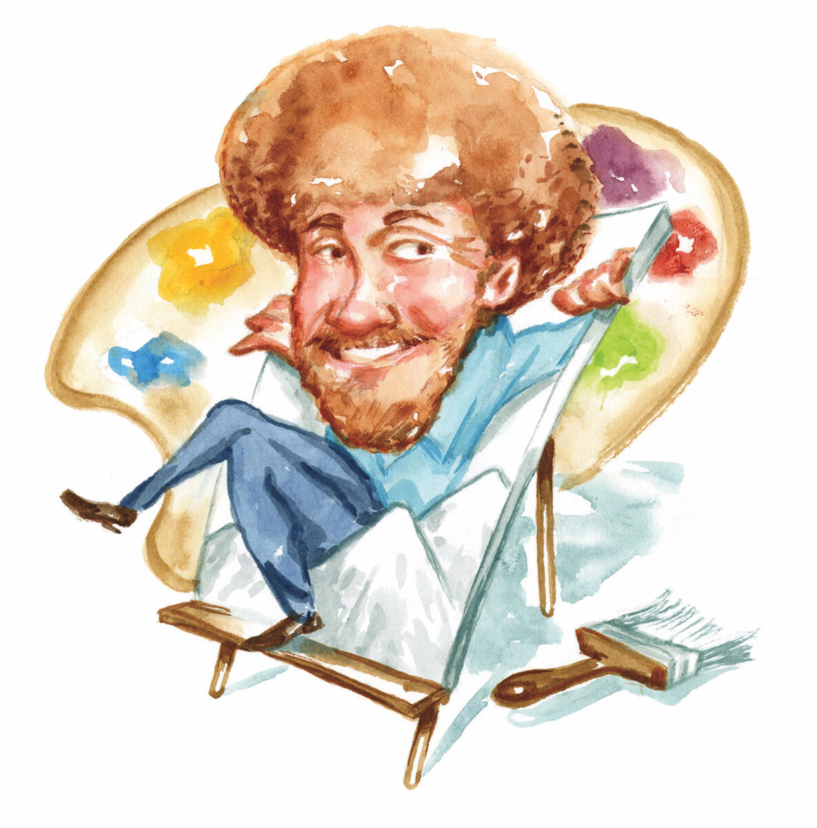 An illustration of Bob Ross coming out of a canvas with paint and a brush