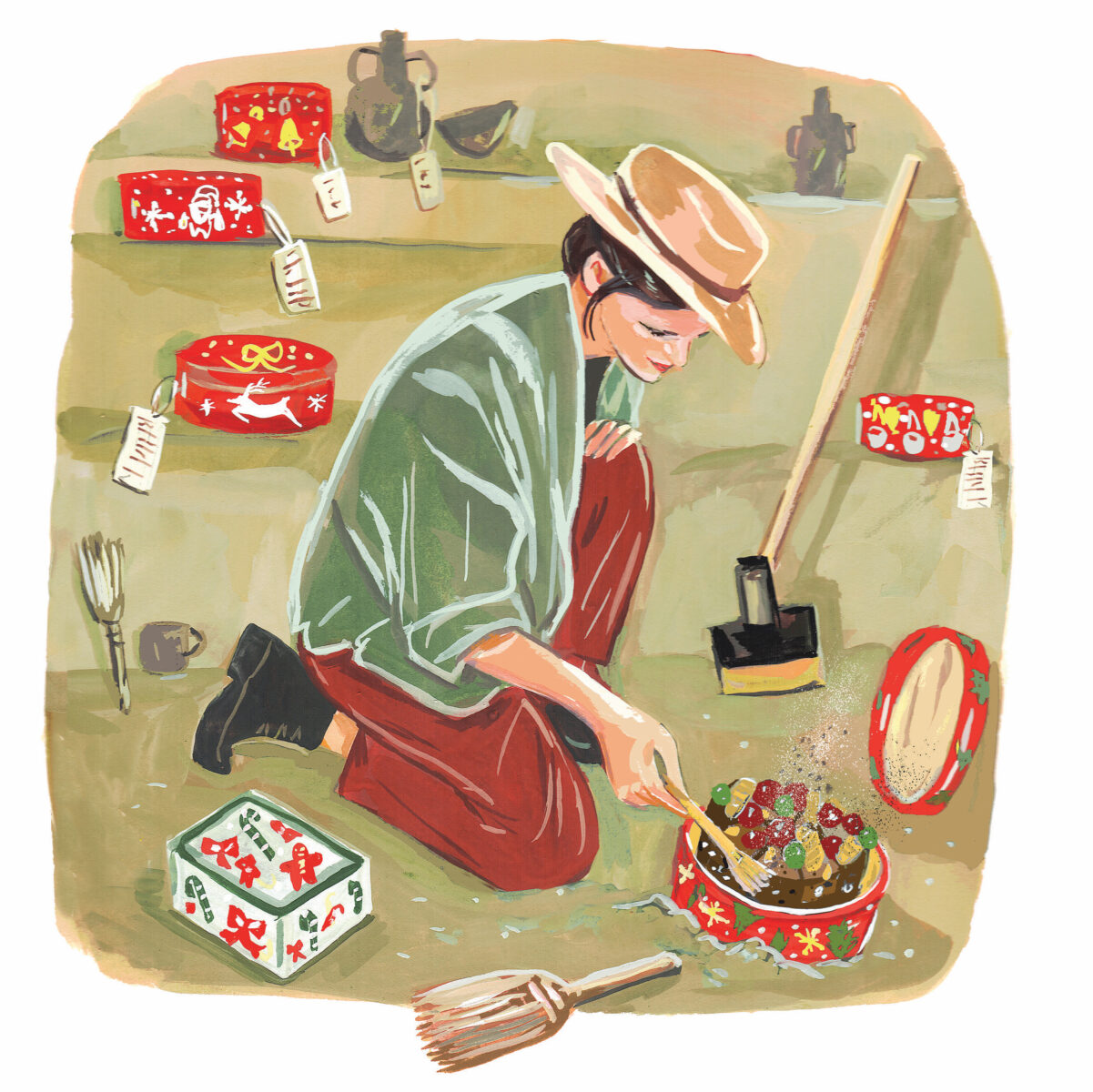 An illustration of woman with a hat kneeling in a garden shed with a fruitcake