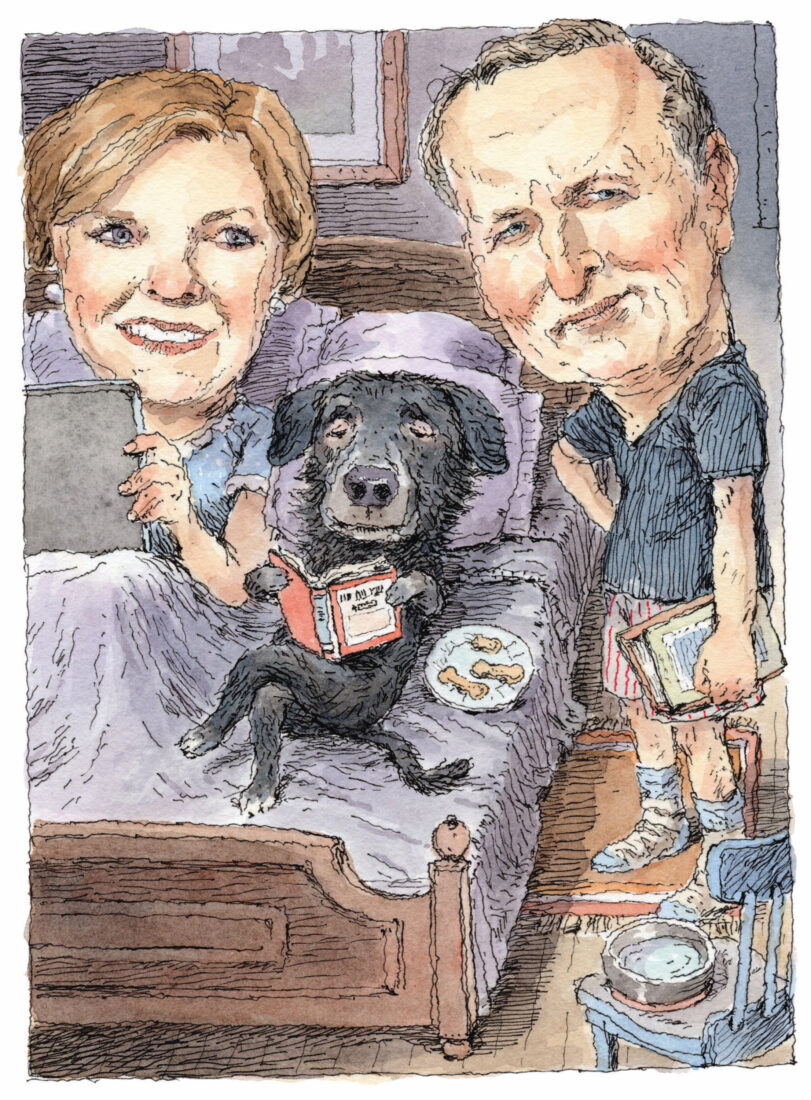 An illustration of a dog in bed with a woman and a man standing beside the dog. The dog is reading and having a plate of cookies