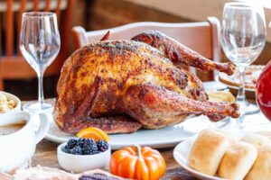 A smoked turkey on a table