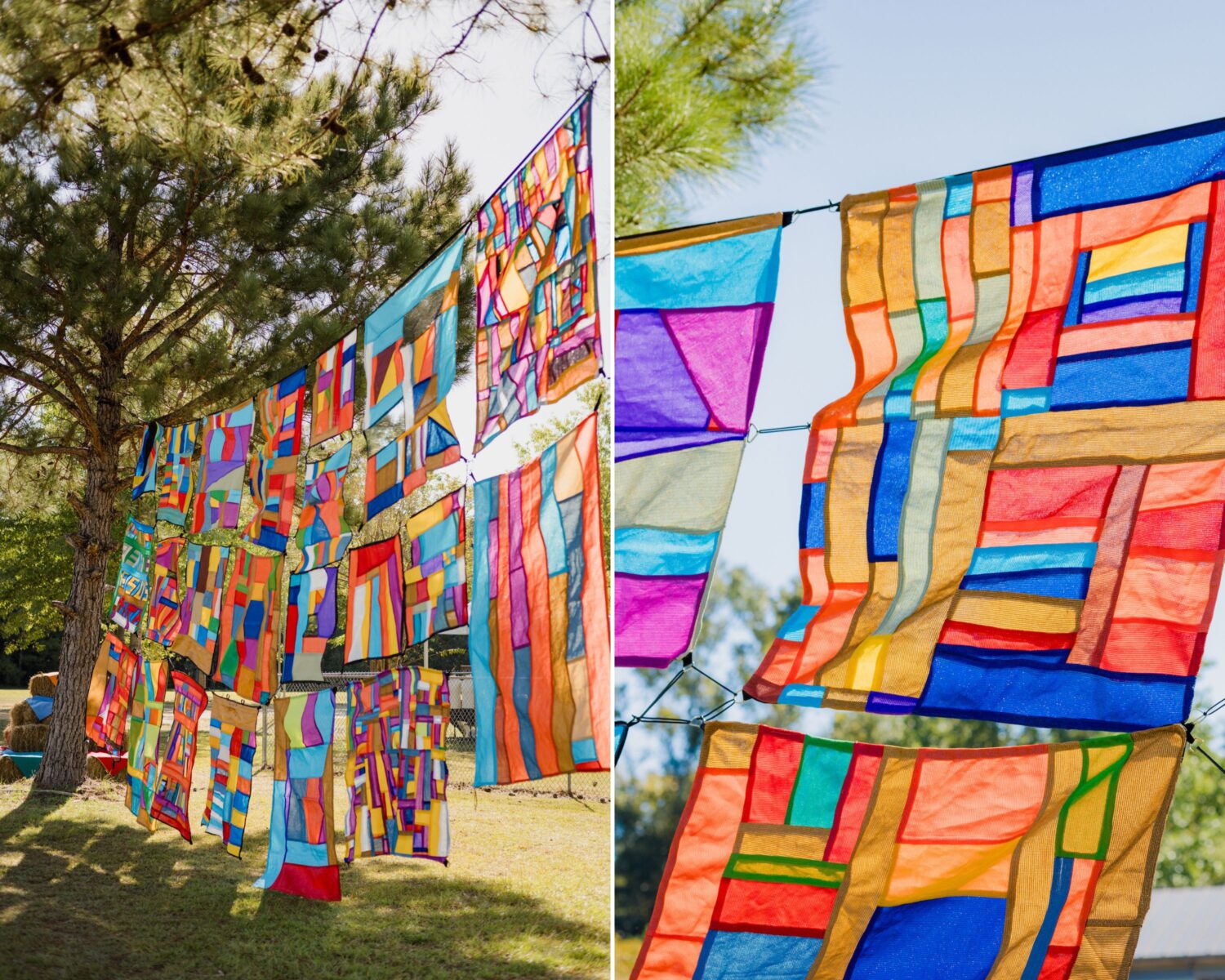 Small quilts hang on a line; a detail of a quilt