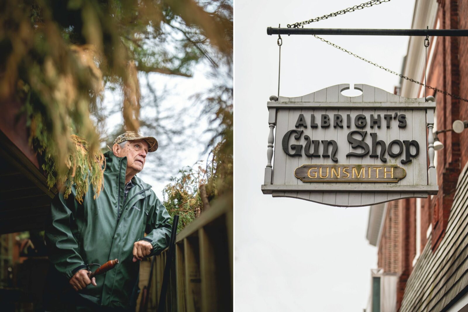 A man keeps an eye on the sky with a gun; a gun shop sign