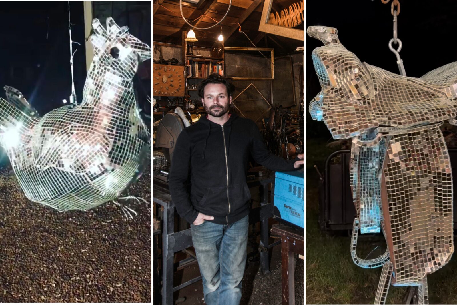 A collage of three images: a disco ball bedazzled chicken; a man in a studio; a bedazzled saddle