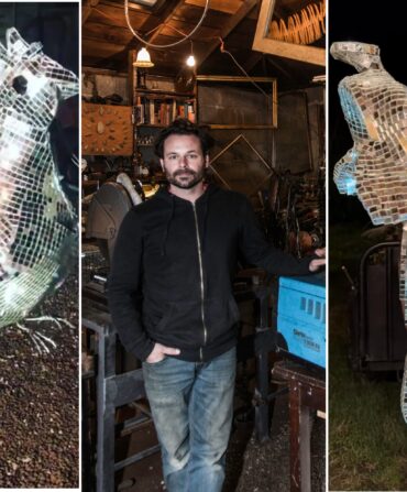 A collage of three images: a disco ball bedazzled chicken; a man in a studio; a bedazzled saddle