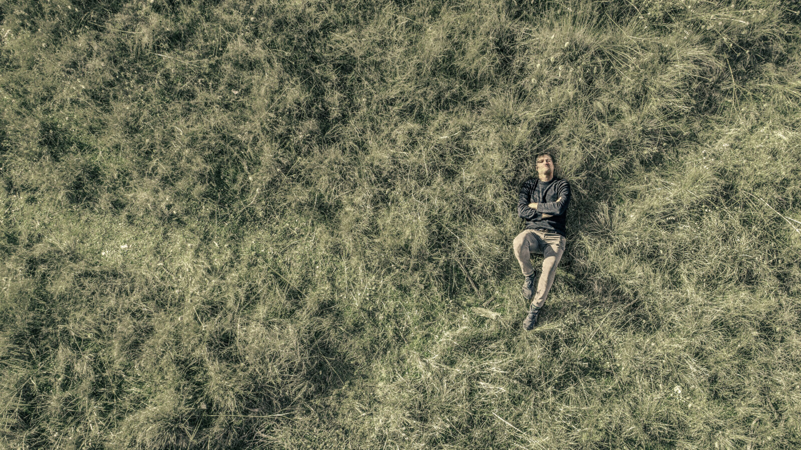 A man lays in grass