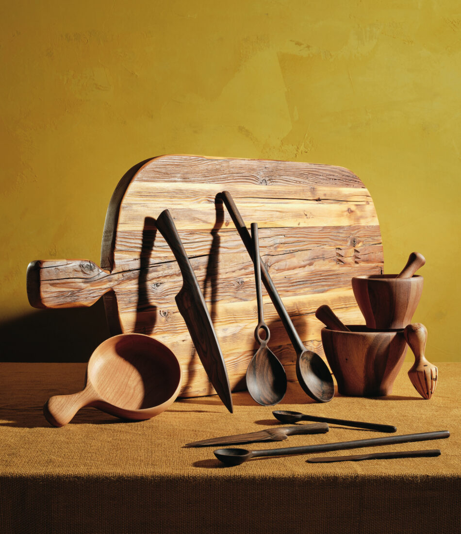 An assemblage of wooden kitchen tools