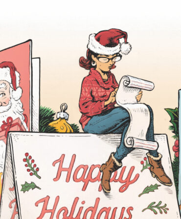 Am illustration of a woman with a santa hat writing a list on a stack of cards