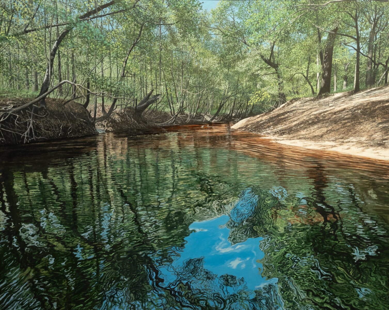 A painting of a creek reflecting the sky and trees