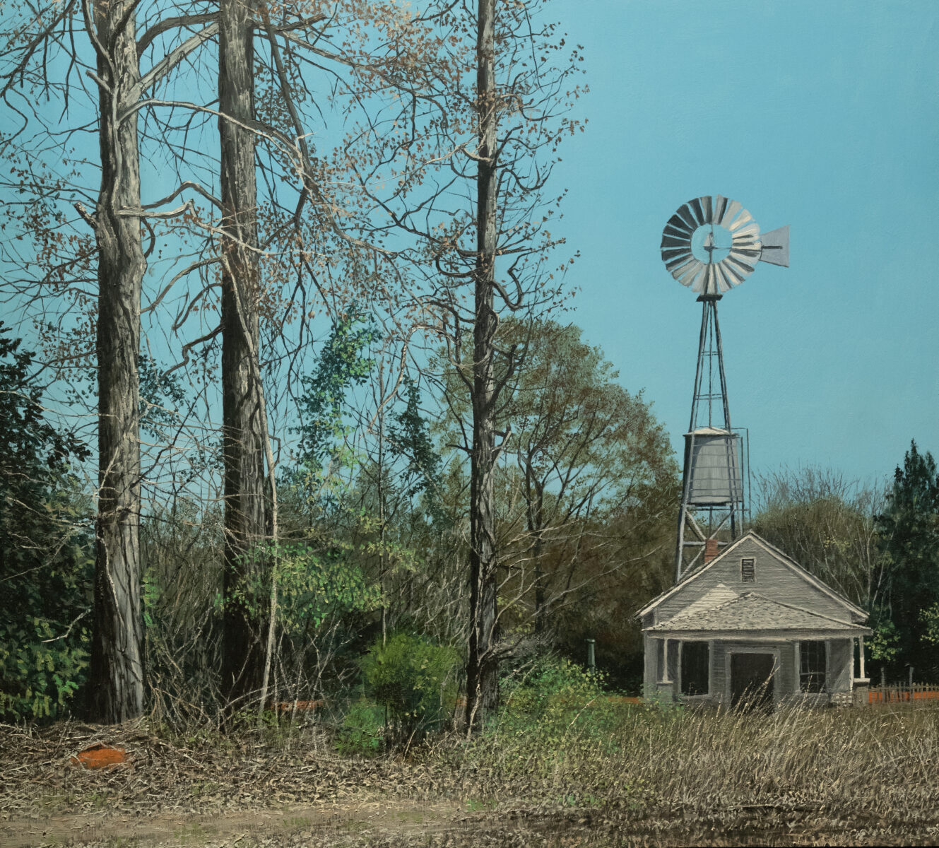 A painting of a house with a small windmill with trees