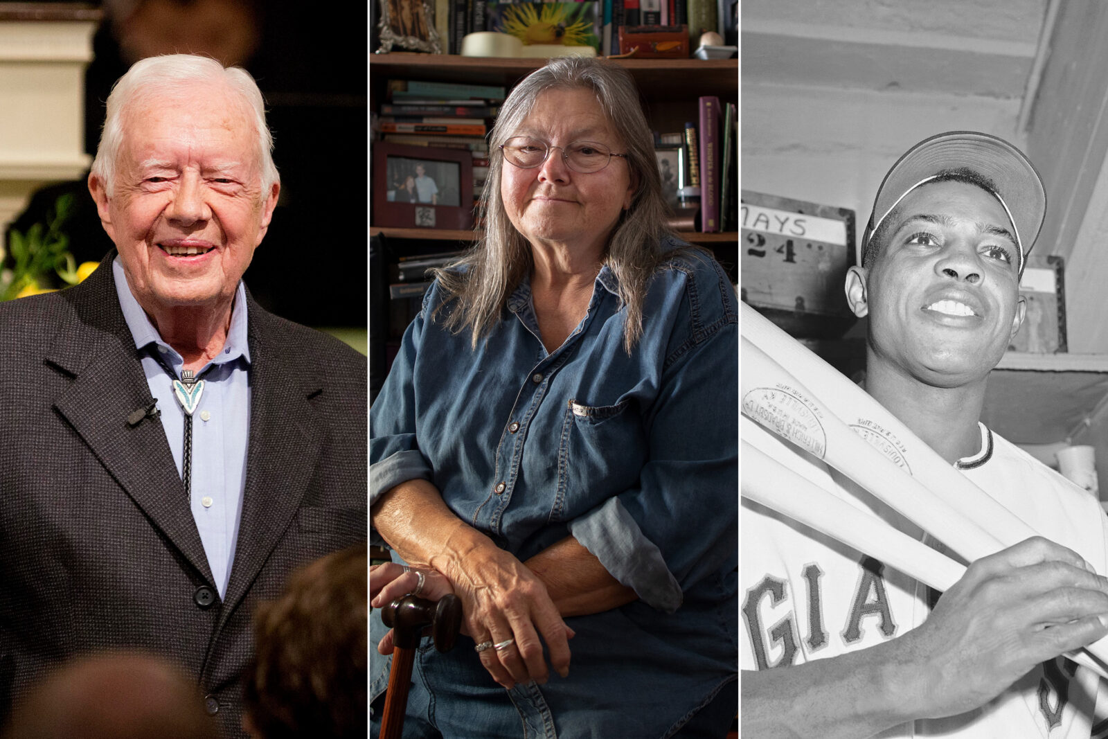An image showing three photos -- one of Jimmy Carter, one of Dorothy Allison, one of Willie Mays